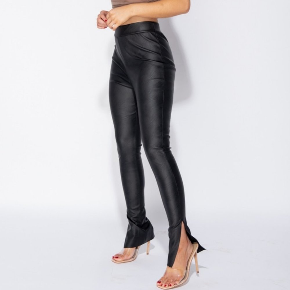 Black High Waist Vegan Leather Split Skinny Pants - Picture 4 of 8